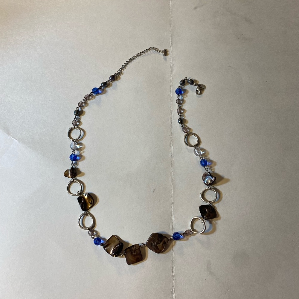 Lia Sophia, Necklace, Light Blue Abalone Brown & Silver Tone, 21” w 3” ext